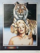 Plakat, Marylin Monroe mit Tiger, re. u. unleserl. sign. (wohl Dahl?), mittig unleserl. betitelt,