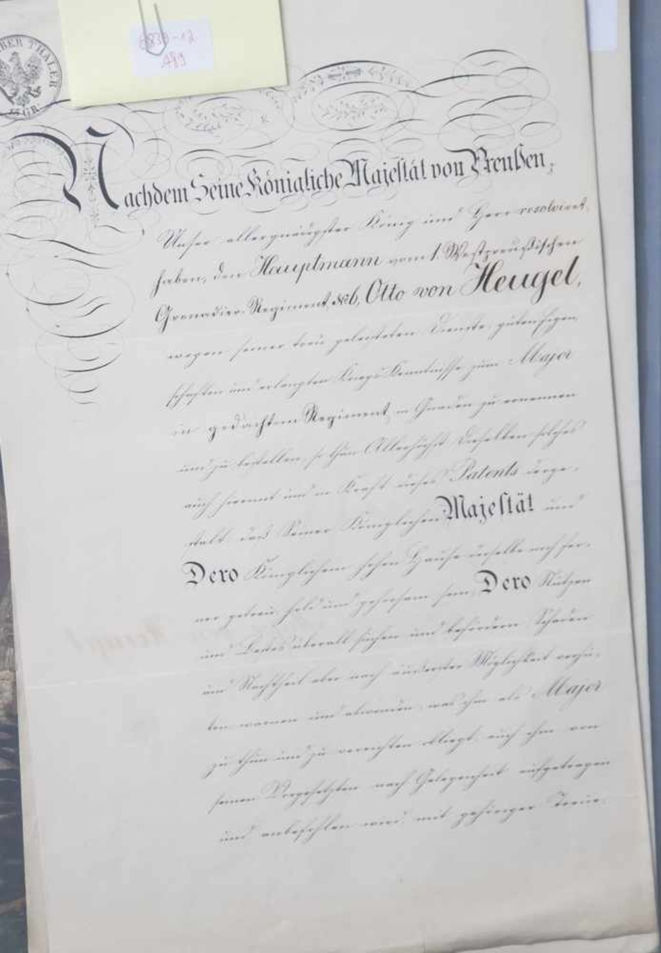Urkunde, Beförderung vom Hauptmann zum Major durch Wilhelm von Preussen an Otto von Heugel 1.