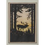 Scherenschnitt, 1. Hälfte 20. Jahrhundert, Röhrender Hirsch in der Abendsonne, farbig unterlegt, ca.