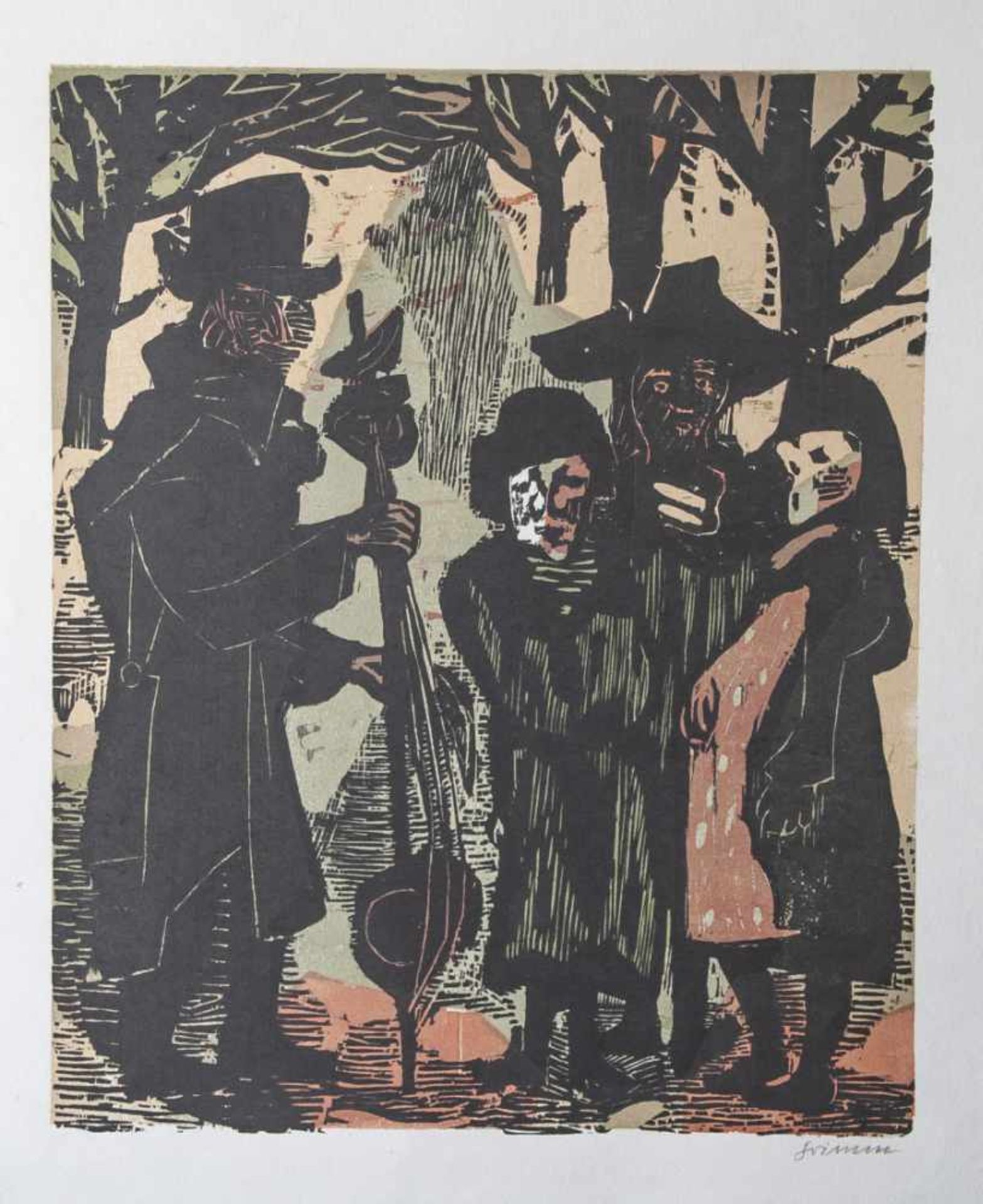 Grimm, Willem (1904-1986), Teufelsgeige, Farbholzschnitt, re. u. sign. Ca. 37,5 x 45,5 cm.