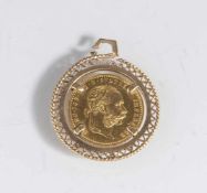 Anhänger mit Münze, 1 Golddukat Franz Joseph I, 1915, Feingehalt Münze 986/1000, DM. ca. 20 mm,