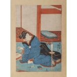 Kunisada I (1786-1865), Geisha mit Teetasse, Farbholzschnitt, ca. 35,5 x 24 cm, ungerahmt. Etw.