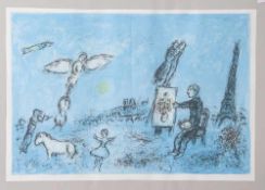 Chagall, Marc (1887-1985), "Der Maler vor Paris", Edition 1981, Farblithographie. Ca. 32 x 47 cm.