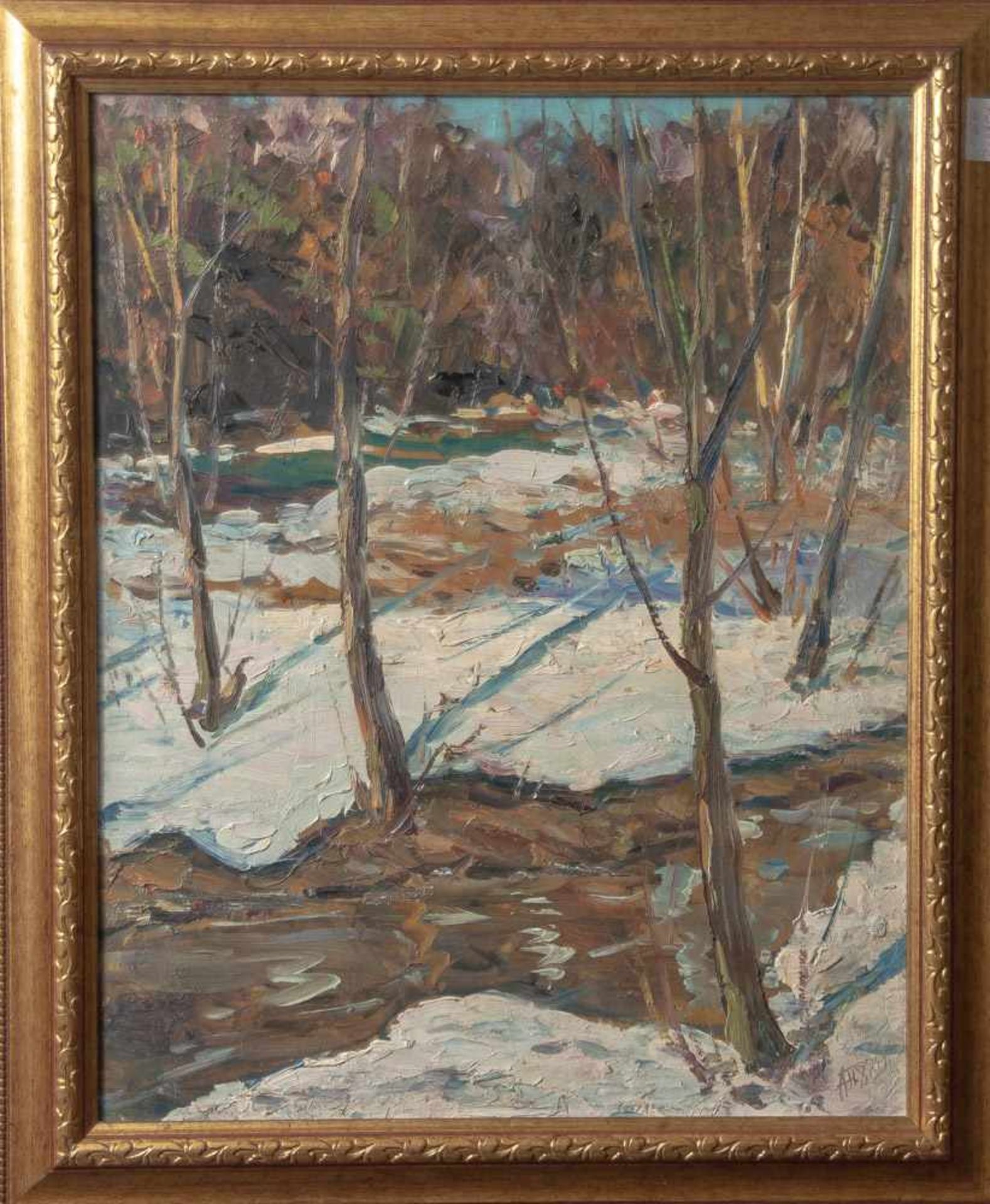 Petrov, A. (20. Jahrhundert), Winterliche Landschaft mit Bachlauf, Öl/Hartfaser, re. u.