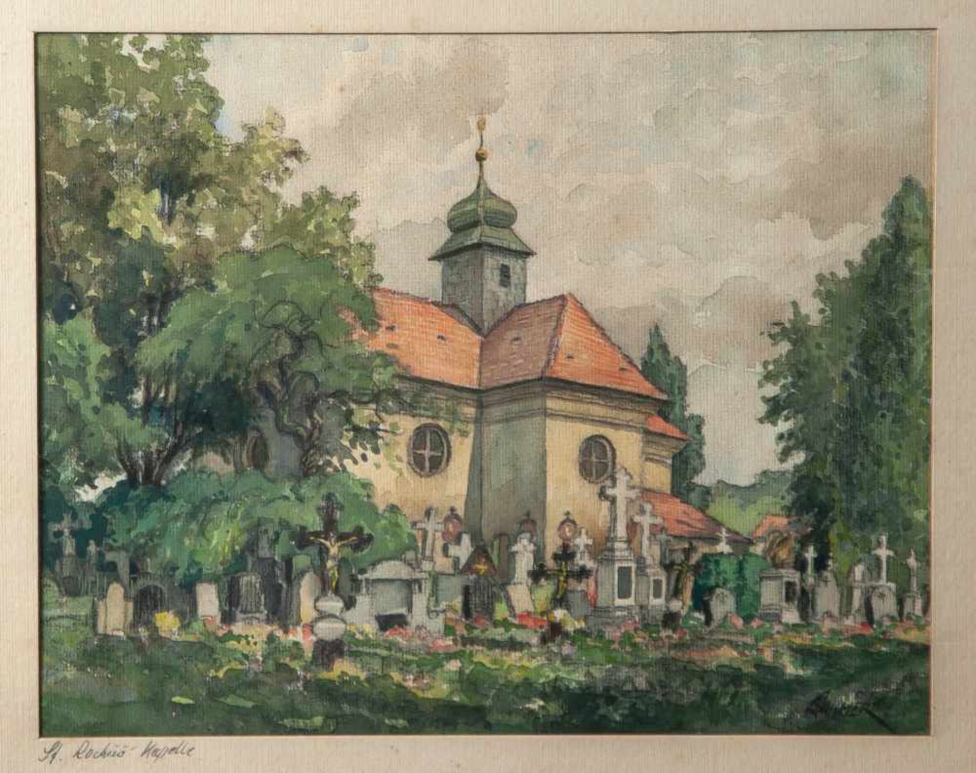 Lahmer (20. Jahrhundert), St. Rochus-Kapelle, Aquarell/Mischtechnik/Kreide, Ansicht der Kapelle
