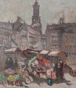 Unbekannter Künstler (20. Jahrhundert), Blumenmarkt vor Stadtkulisse, Öl/Malkarton, li. u. sign "