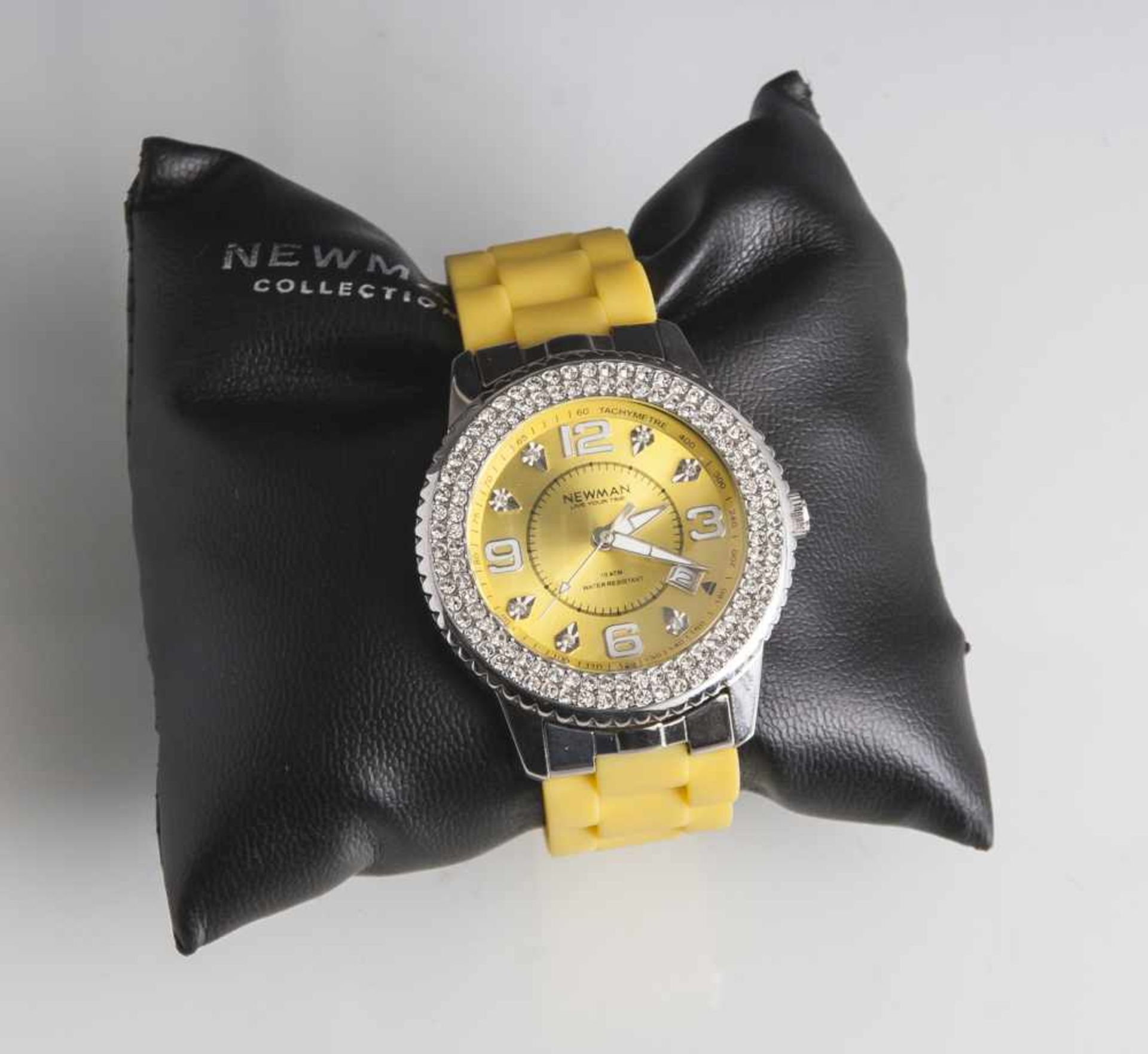 Damenuhr, Newmann Collection, gelbes Acetat-Armband, rundes Ziffernblatt mit Strasssteinen umrandet,