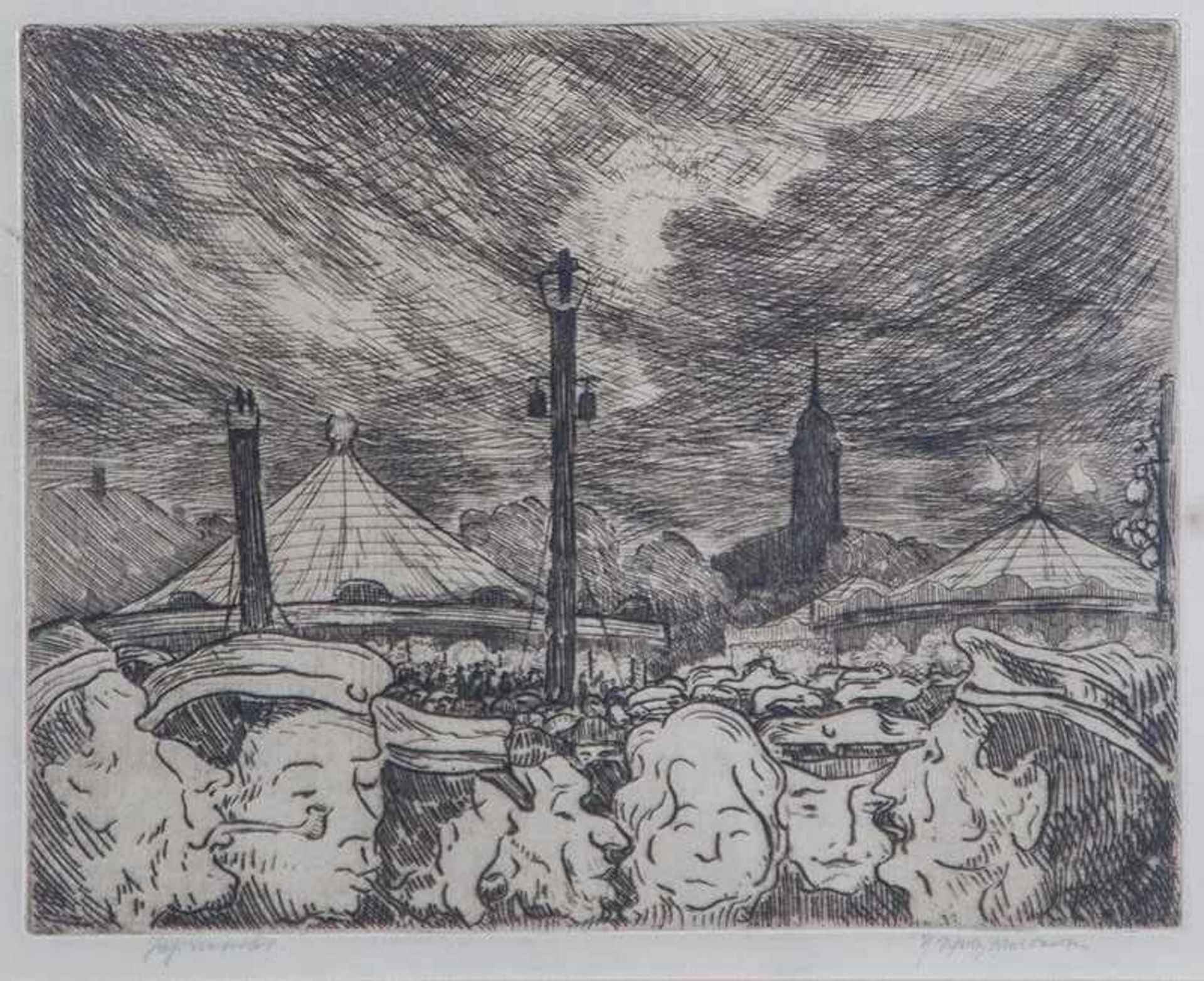 Unbekannter Künstler (20. Jahrhundert), "Jahrmarkt", Aquatintaradierung, mit Bleistift li. u.