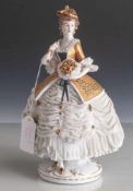 Spitzenfigur, Rokoko-Dame mit Fächer und Blumenbukett, Sitzendorfer Porzellanmanufaktur, 1. Hälfte