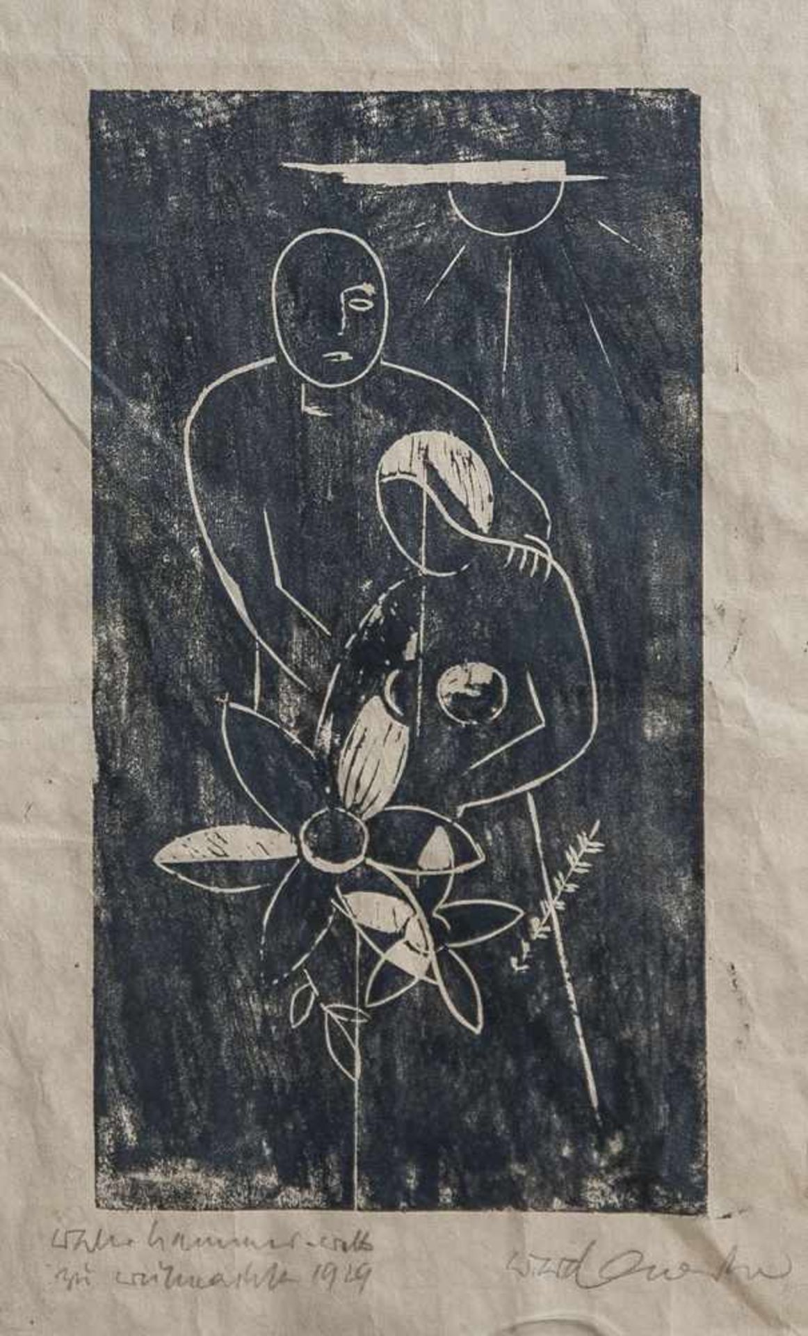Unbekannter Künstler (20. Jahrhundert), Paar mit Sonnenblumen, 1929, Holzschnitt, mit Bleistift