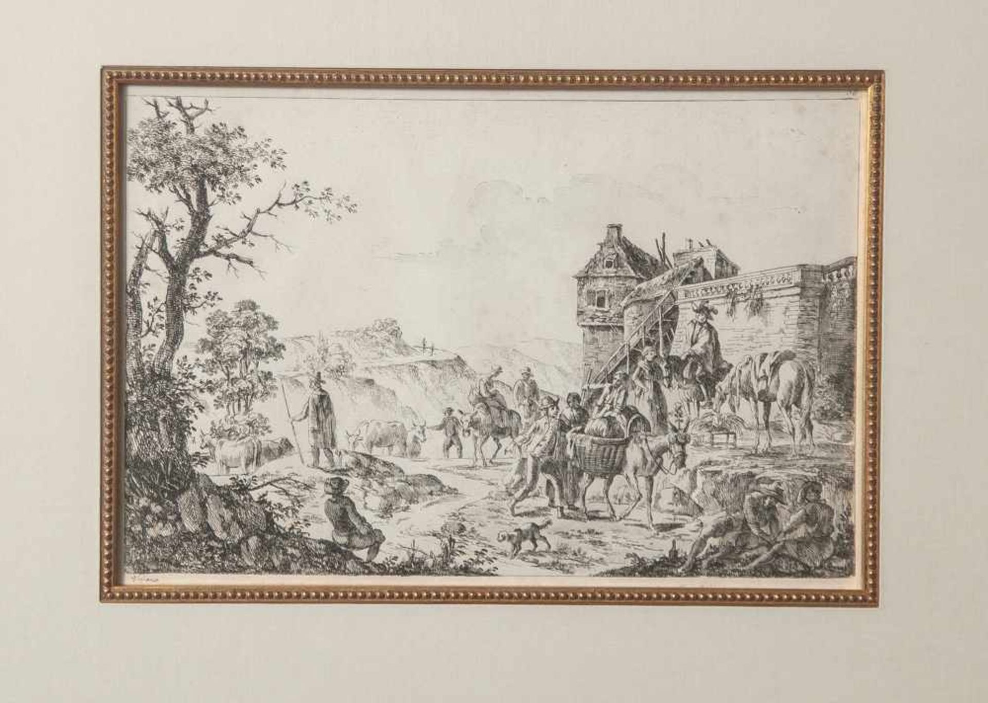 Viglianis, Kupferstich um 1800, Landschaft in der Campagna mit reicher figürlicher Staffage vor