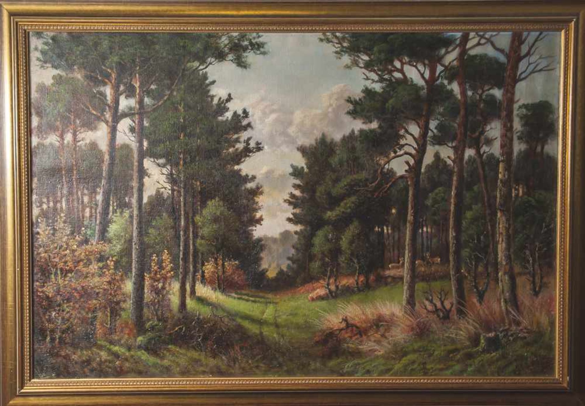 Unbekannter Künstler (20. Jahrhundert, wohl Wolgast/Usedom), Waldlandschaft mit Rehen, Öl/Lw, re.