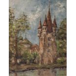 Helm, Walter (1925-1987), Befestigter Turm mit Kirche im Hintergrund, Acryl/Karton, re. u. sign. Ca.