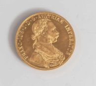 4 Dukaten, Franz Joseph I, Österreich 1915, Gold 988,5/1000, 13,95 gr., polierte Platte, betrieben.