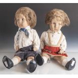 Paar Puppen im Lenci-Stil, 1930er Jahre, Geschwisterpaar mit beweglichen Gelenken und Kurbelkopf,