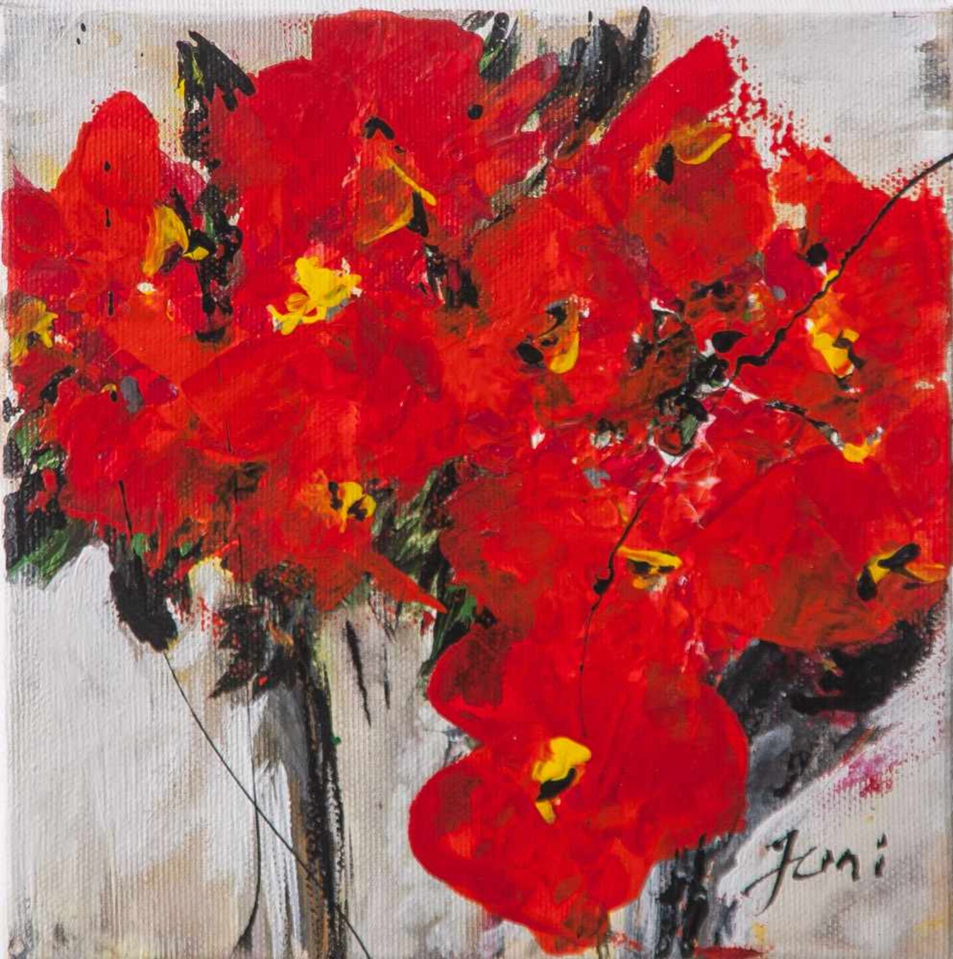 Jani, "Roter Blumenstrauß", Acryl/Lw, re. u. sign. Ca. 20 x 20 cm, auf Keilrahmen aufgezogen.