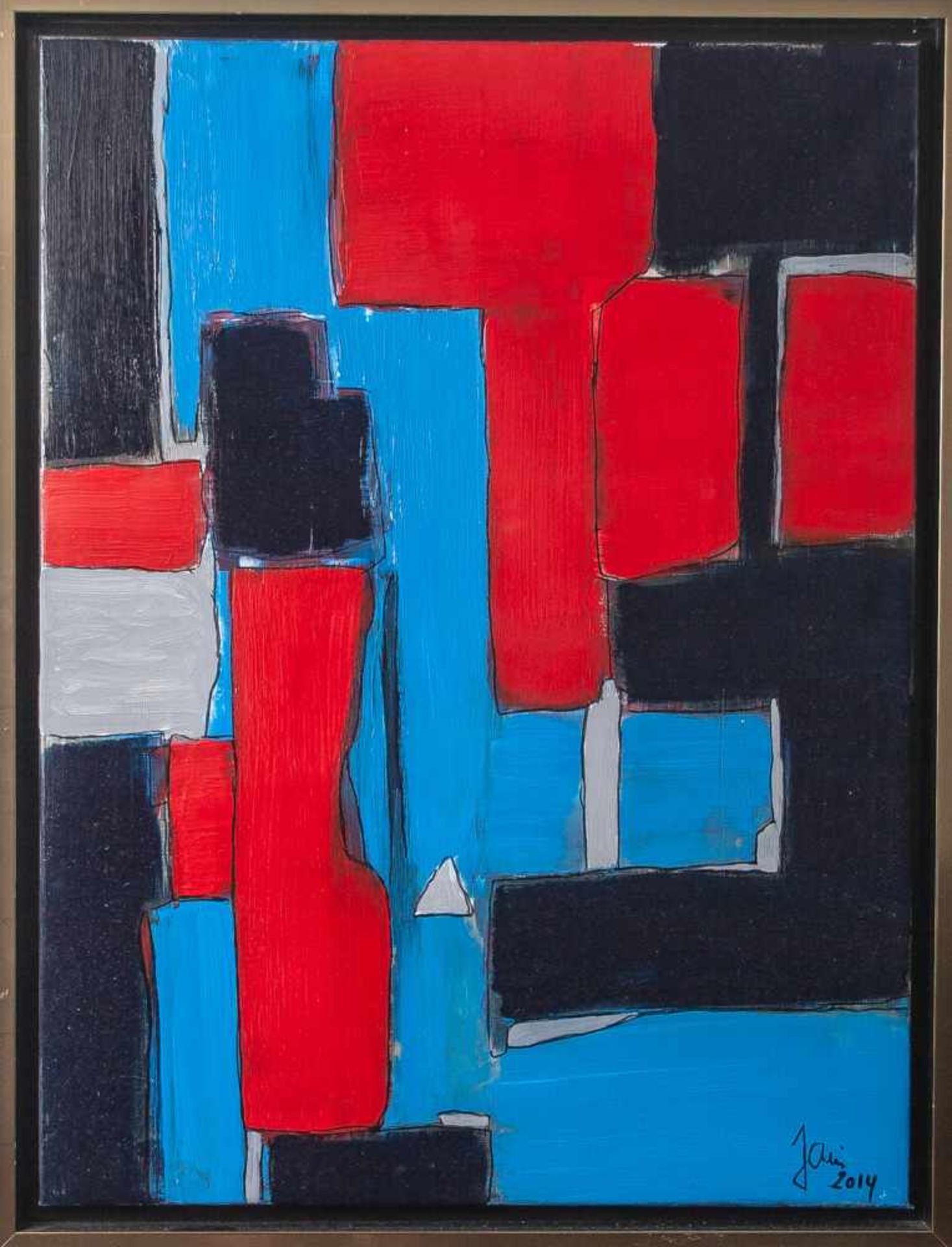Jani, Ohne Titel, 2014, Acryl/Lw, re. u. sign. u. dat., Komposition in Blau, Grau u. Rot. Ca. 80 x