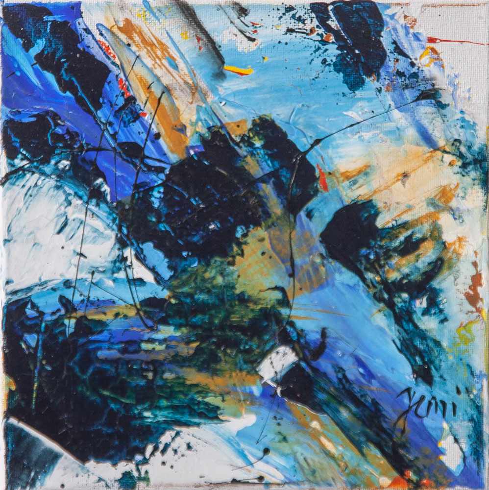 Jani, "Abstraktion in Blau", Acryl/Lw, re. u. sign. Ca. 20 x 20 cm, auf Keilrahmen aufgezogen.