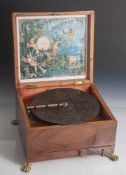 Polyphon um 1900 (funktionsfähig), Aufziehhebel vorne am Kasten, Platten ca. 20,5cm im Durchm. Größe