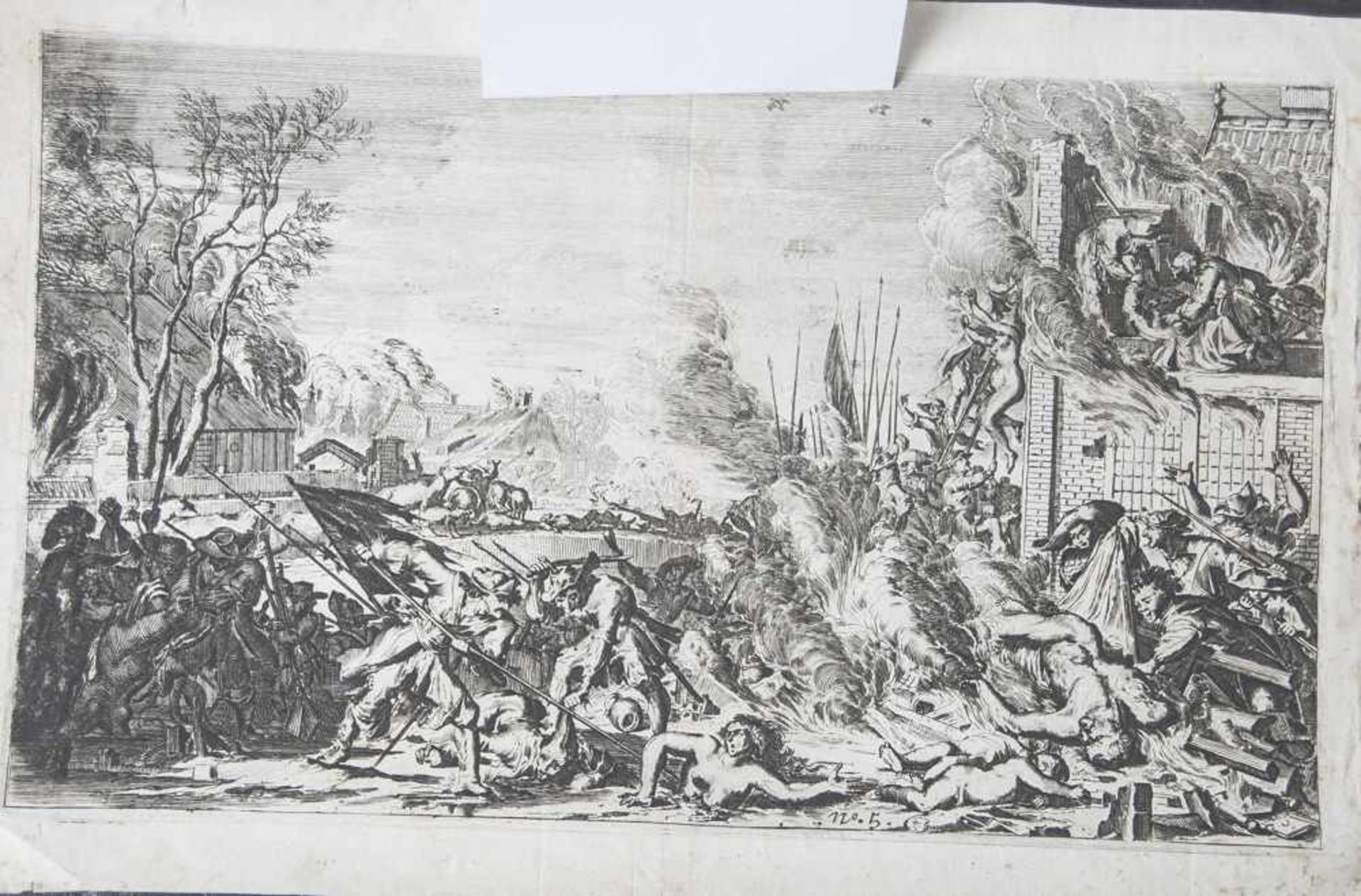 Unbekannter Künstler (wohl 17. Jahrhundert), Brandschatzung, Radierung, mittig bez. No. 5, ca. 18