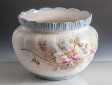 Großer Blumenübertopf, Franz Anton Mehlem/Bonn, Keramik, Krakeleeglasur, polychromes Blumendekor,