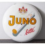Juno Zigaretten, rundes Emailschild 50er Jahre, gewölbt (kleiner Abplatzer mittig), Durchm. ca.