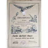 Luftwaffenurkunde, gedrucktes Verleihungsdokument. Dem Funker Berthold Mayer am 26. Februar 1942 zum