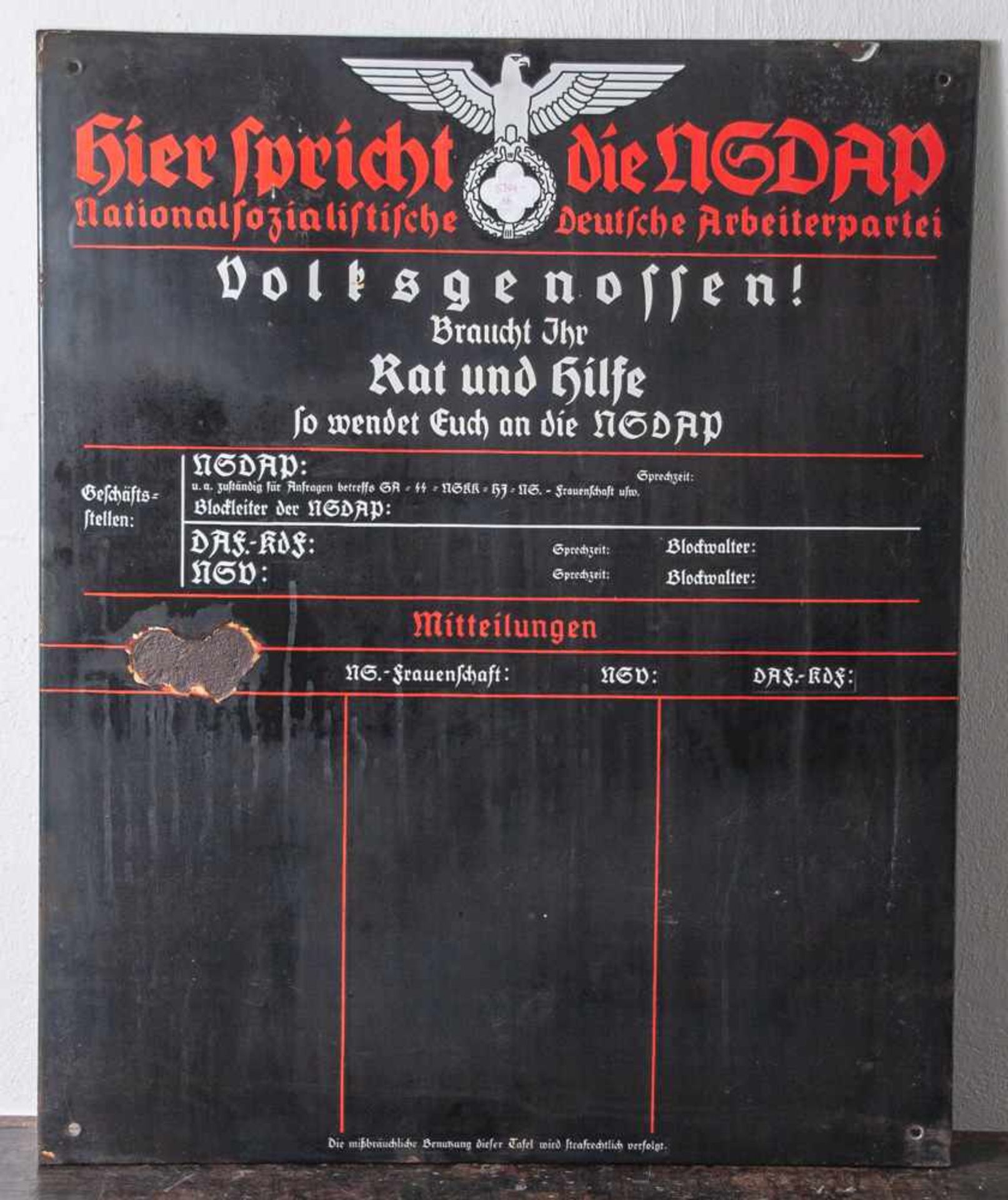 NSDAP-Ortsgruppenschild, Emaille, Original der Zeit (1933-45). Aus dem Kreis Harburg. Ursprünglich