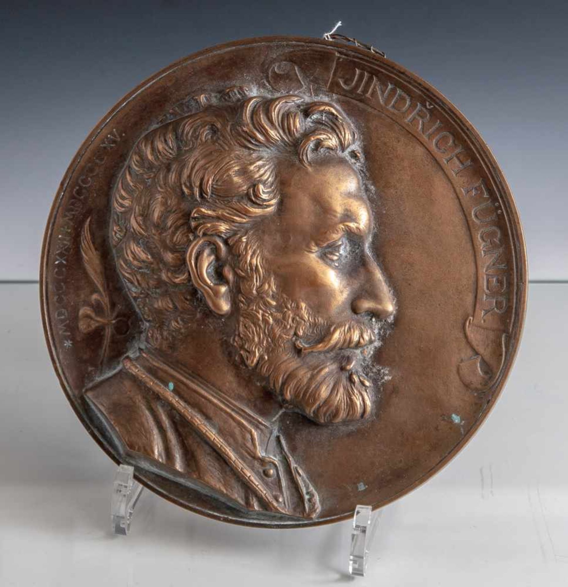 Bronzeplakette "Jindrich Fügner", um 1900, mit dem Kopfporträt nach rechts sowie dem Namenzug und