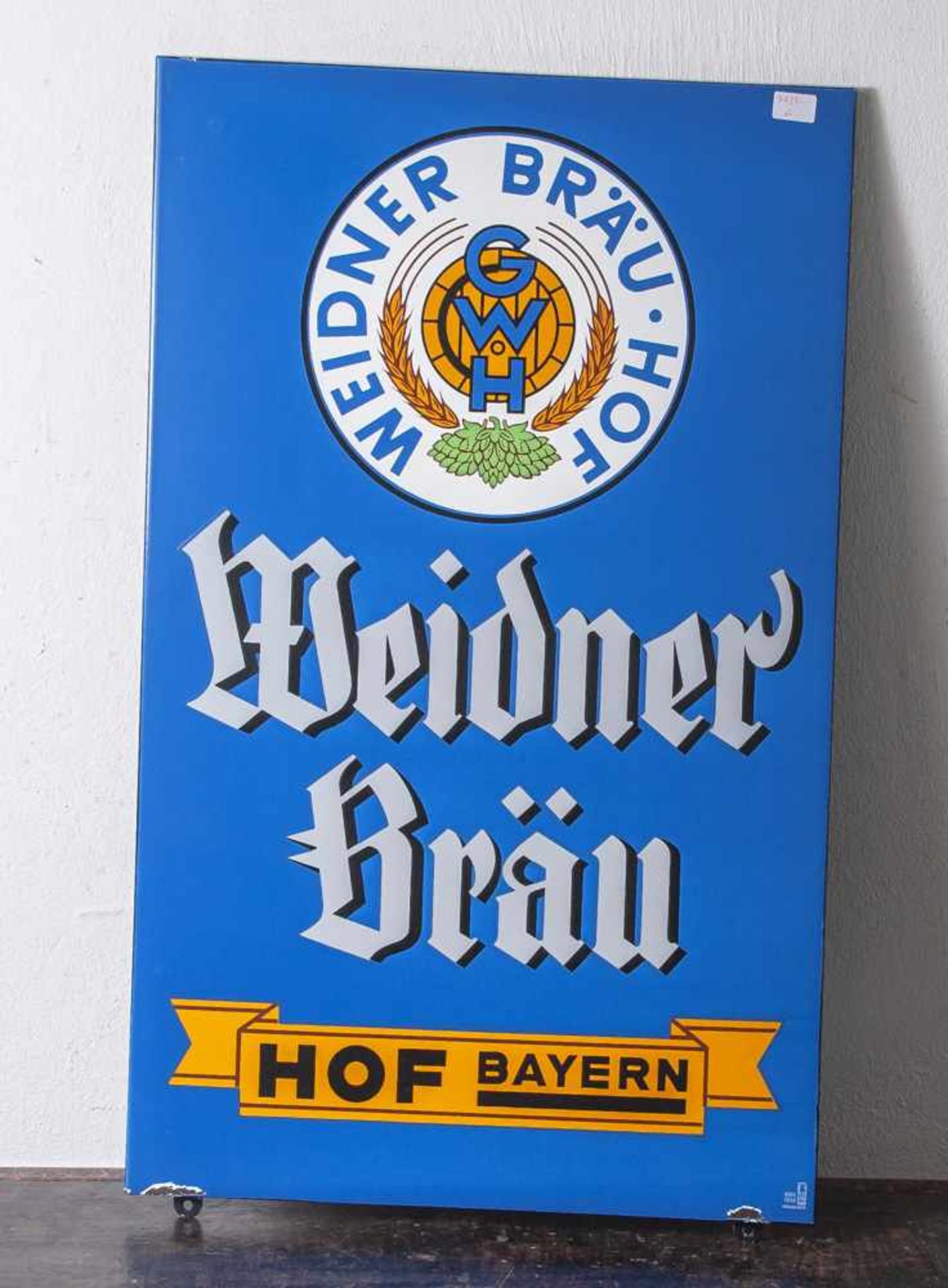 Weidnerbräu Hof Bayern, Emailschild Herst. Boss Hahn Ortenburg/ Baden. Ca. 80x48cm.