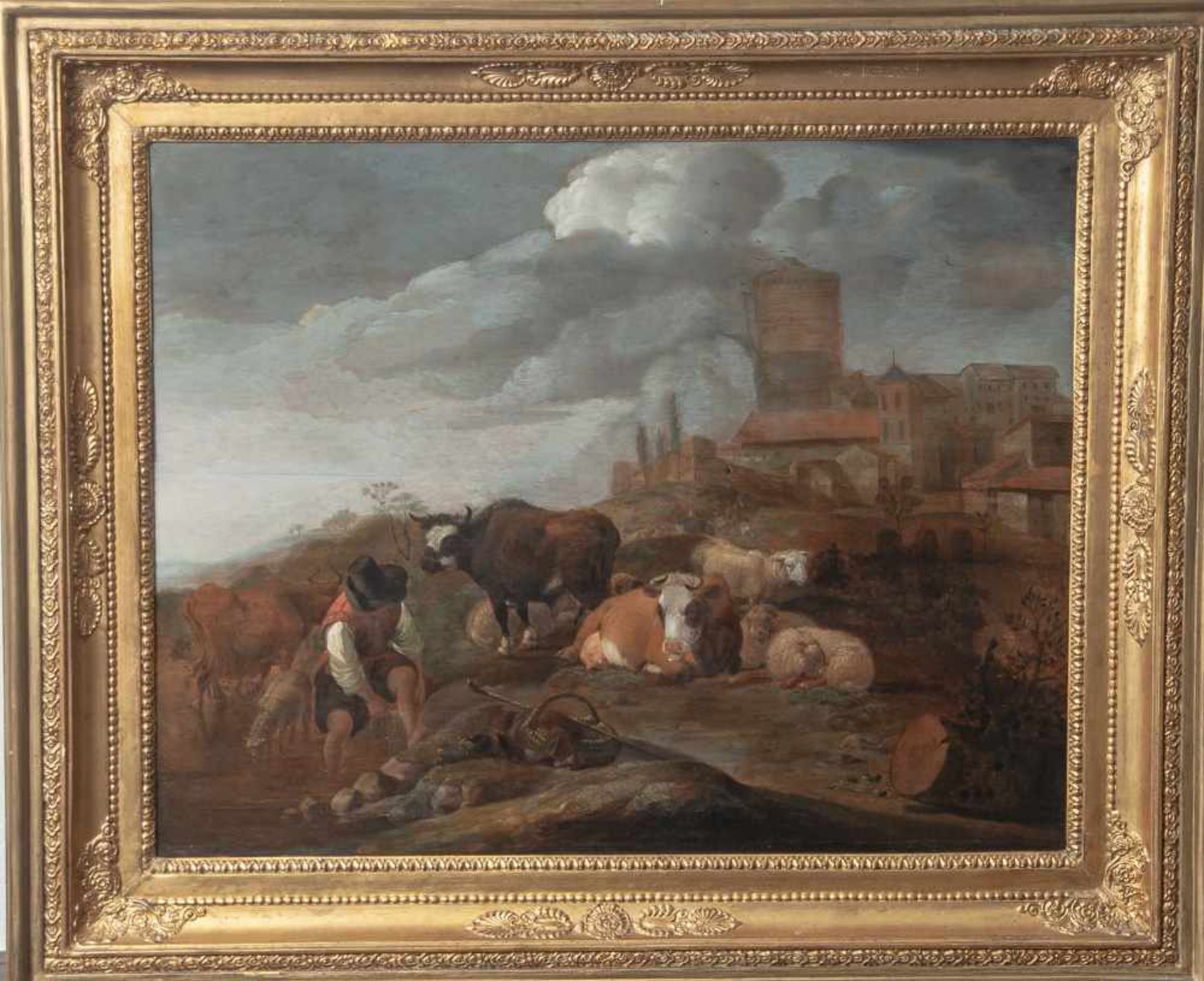 Roos, Johann Heinrich (attr., 1631-1685), Hirte mit seiner rastenden Herde in der Campagna, Öl/Holz,