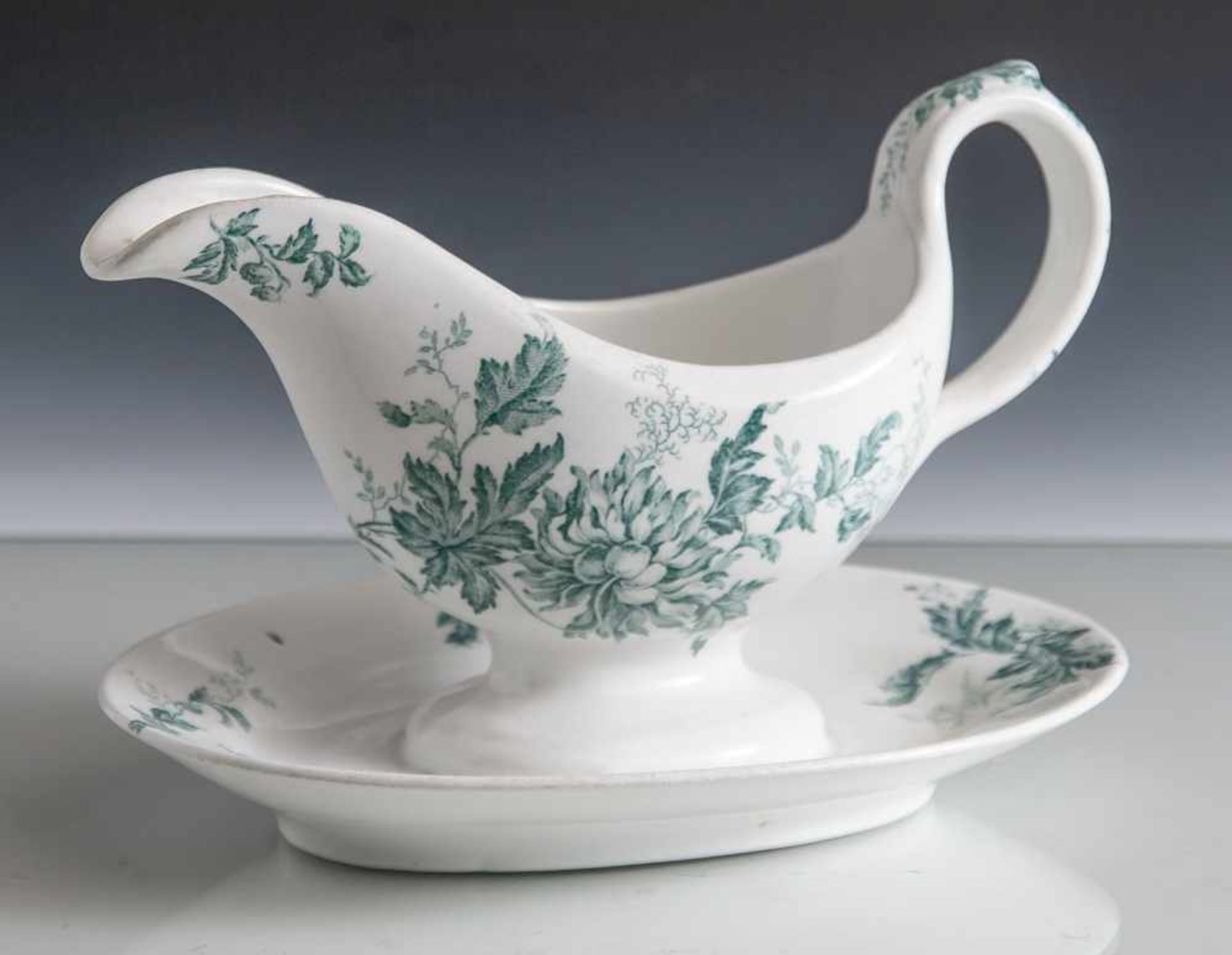 Sauciere, Franz Anton Mehlem/Royal Bonn, Manufakturmarke, Keramik, polychromes, florales Dekor. H.