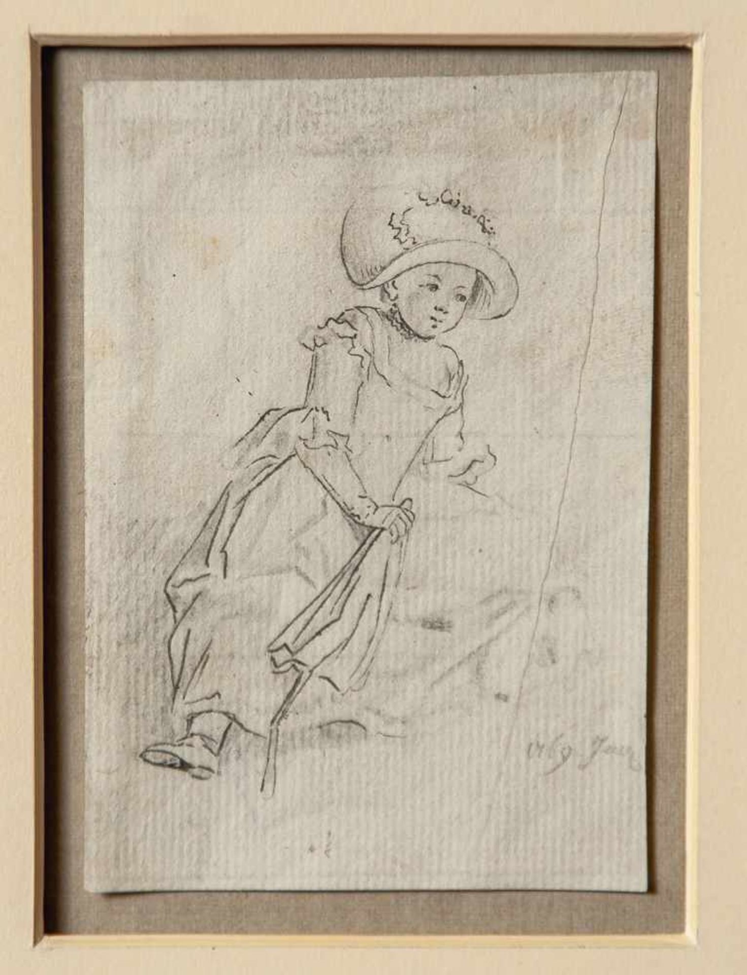 Chodowiecki, Daniel (1726-1801), Kleines Mädchen mit Schirm, Tusche-/Bleistiftzeichnung, re. u. dat.