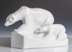 Figurine, Eisbärengruppe, Keramik, weiß, Krakeleeglasur, Eisbärin mit Jungem schreitend, auf