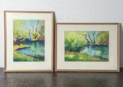 Simshäuser, Karl (1910-1991), Paar Aquarelle, Pendants, Sommerliche Parklandschaften mitGewässer, je