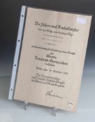 Verleihungsurkunde, Treudienstehrenzeichen in Silber für 25 Jahre, Berlin, 13. Nov. 1939.