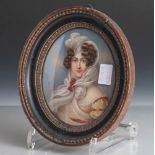 Fein gemaltes Porträt einer jungen Dame im Stil des Biedermeiers gekleidet, wohl 1. Hälfte19.