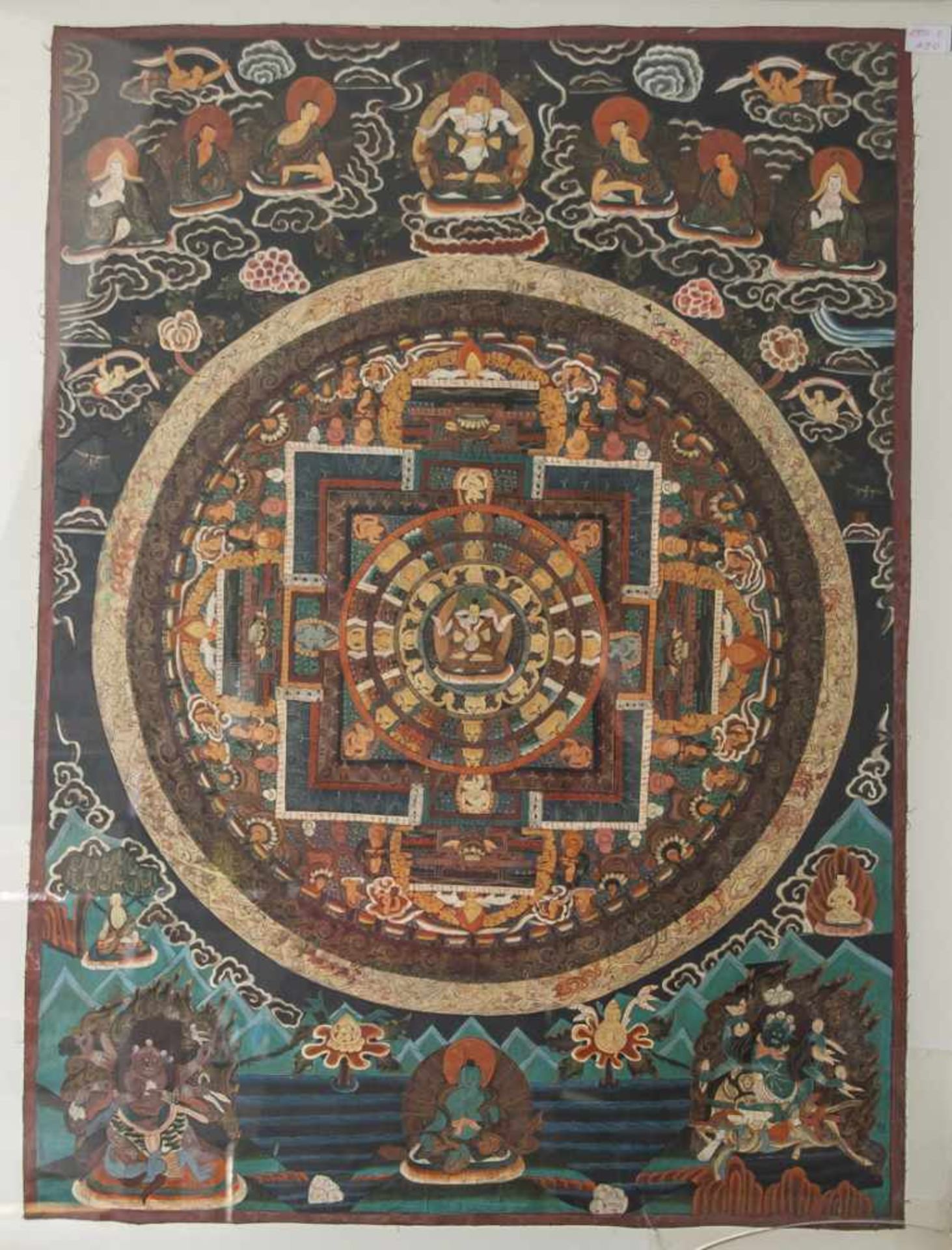 Mandala-Thangka, Tibet, 19. Jahrhundert, Gouache/Leinen, mit zentraler Buddhadarstellung,mehrfach