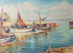 Simshäuser, Karl (1910-1991), Hafenansicht mit Fischerbooten, Öl/Lw., re. u. sign., ca. 60x 80 cm.