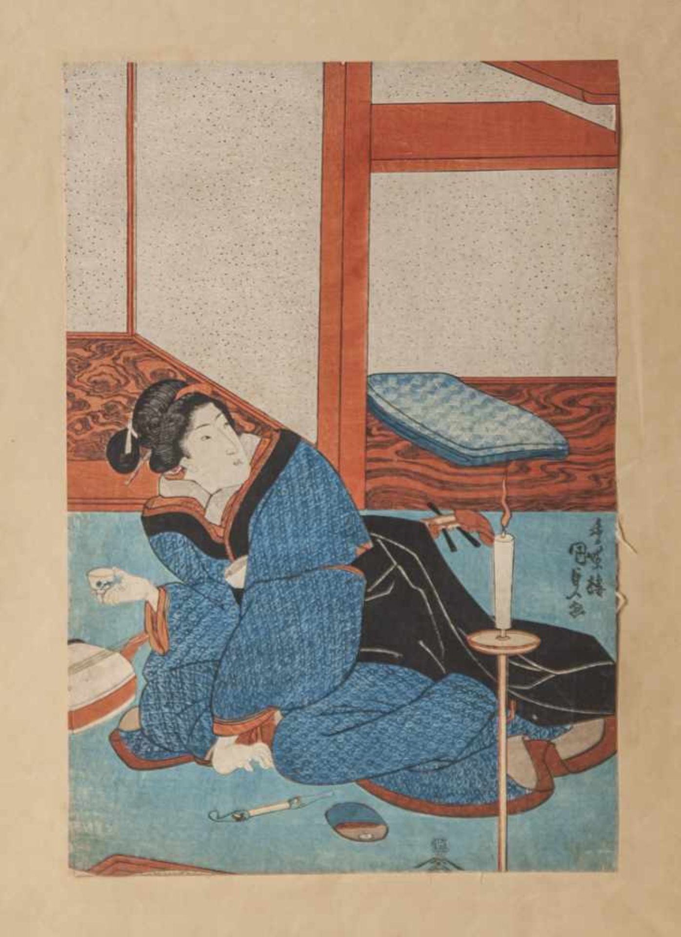 Kunisada I (1786-1865), Geisha mit Teetasse, Farbholzschnitt, ca. 35,5 x 24 cm, ungerahmt.Etw.