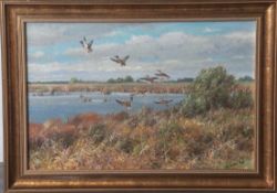 Laube, Fritz (1914-1993), Enten im Flug über einen See, Öl/Lw, re. u. sign. "F. Laube".Ca. 31 x 45