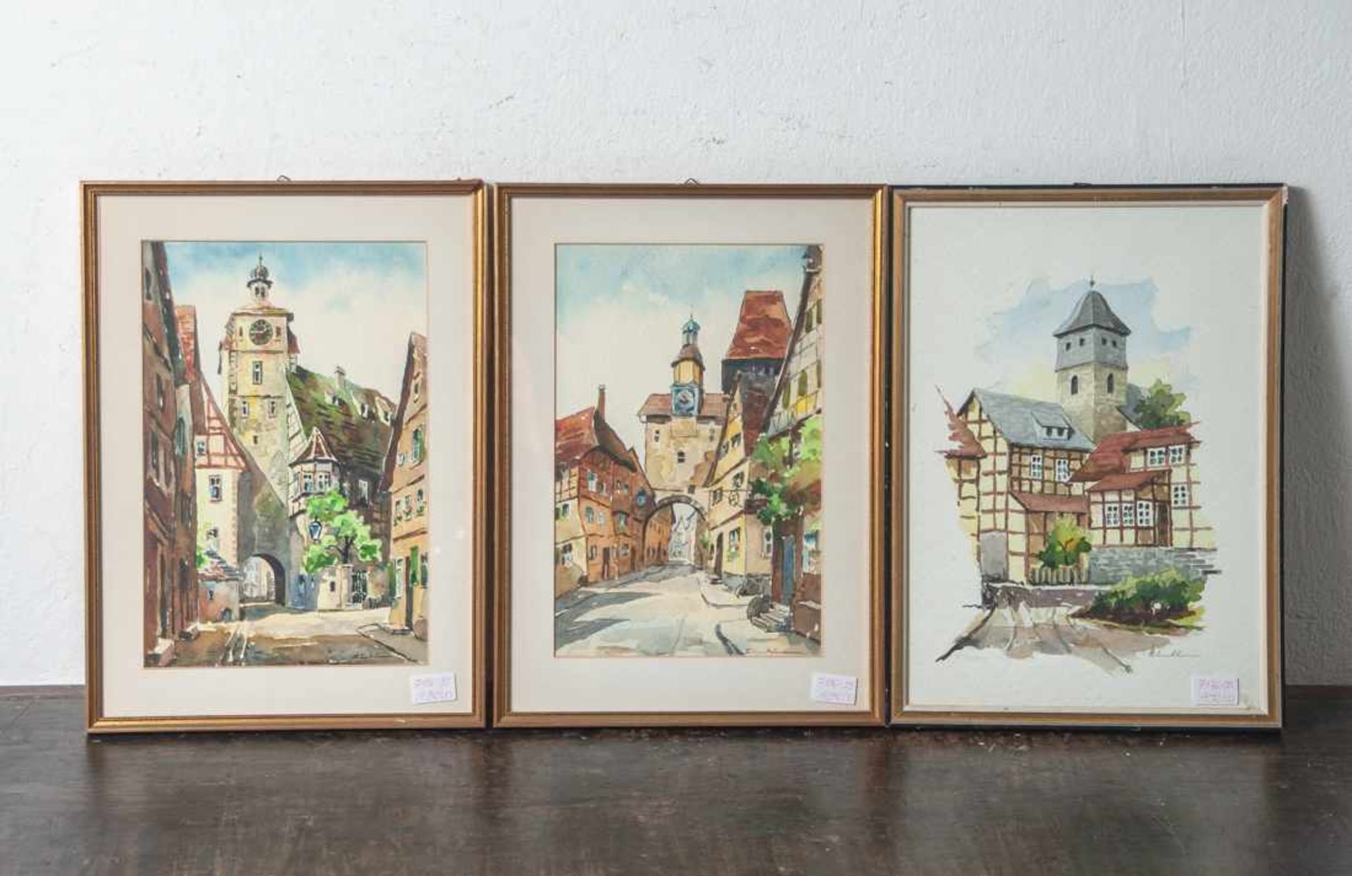 Simshäuser, Karl (1910-1991), Konvolut, 3 Aquarelle (mittelalterliche Stadtansichten mitWehrtürmen),