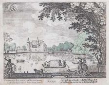 Unbekannter Künstler, Frühlingslandschaft im Mai mit Wasserschloss - im Vordergrundhöfisches Paar,