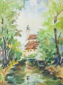 Simshäuser, Karl (1910-1991), Sommerliche Parklandschaft mit Kirchenansicht,Aquarell/Papier, re.