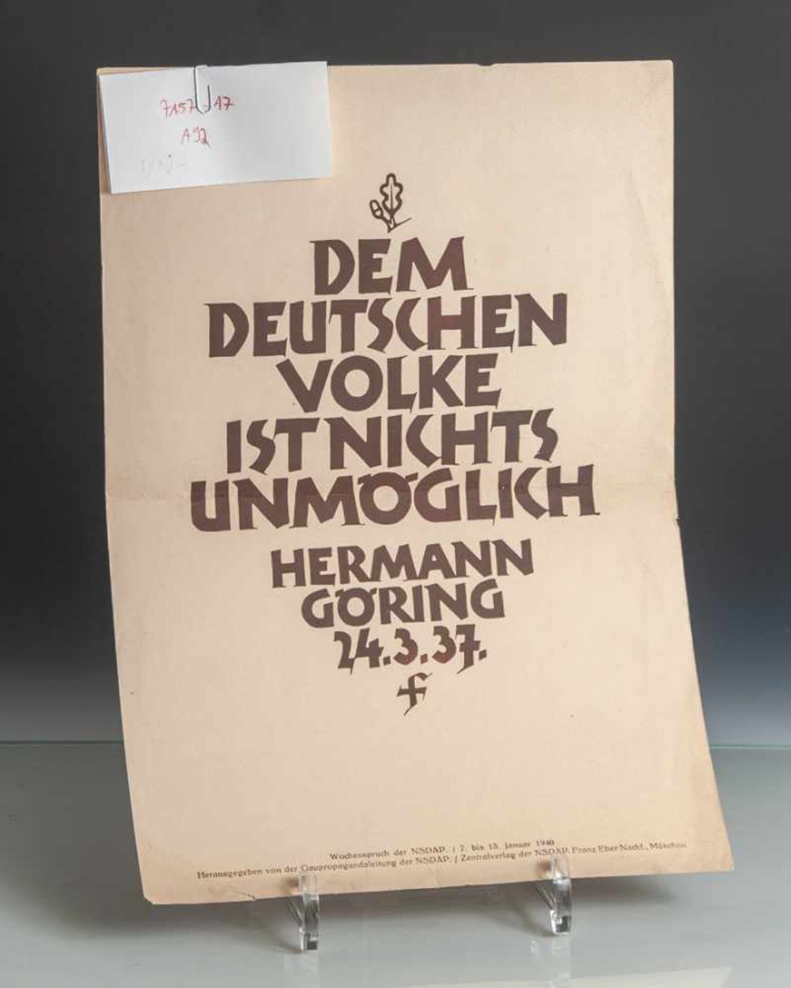 Propagandablatt/Wochenspruch der NSDAP "Dem Deutschen Volke ist nichts unmöglich HermannGöring 24.