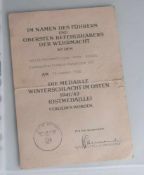 Urkunde Verleihung, Die Medaille Winterschlacht im Osten 1941/42, Unteroffizier O. Schall,2. Komp./