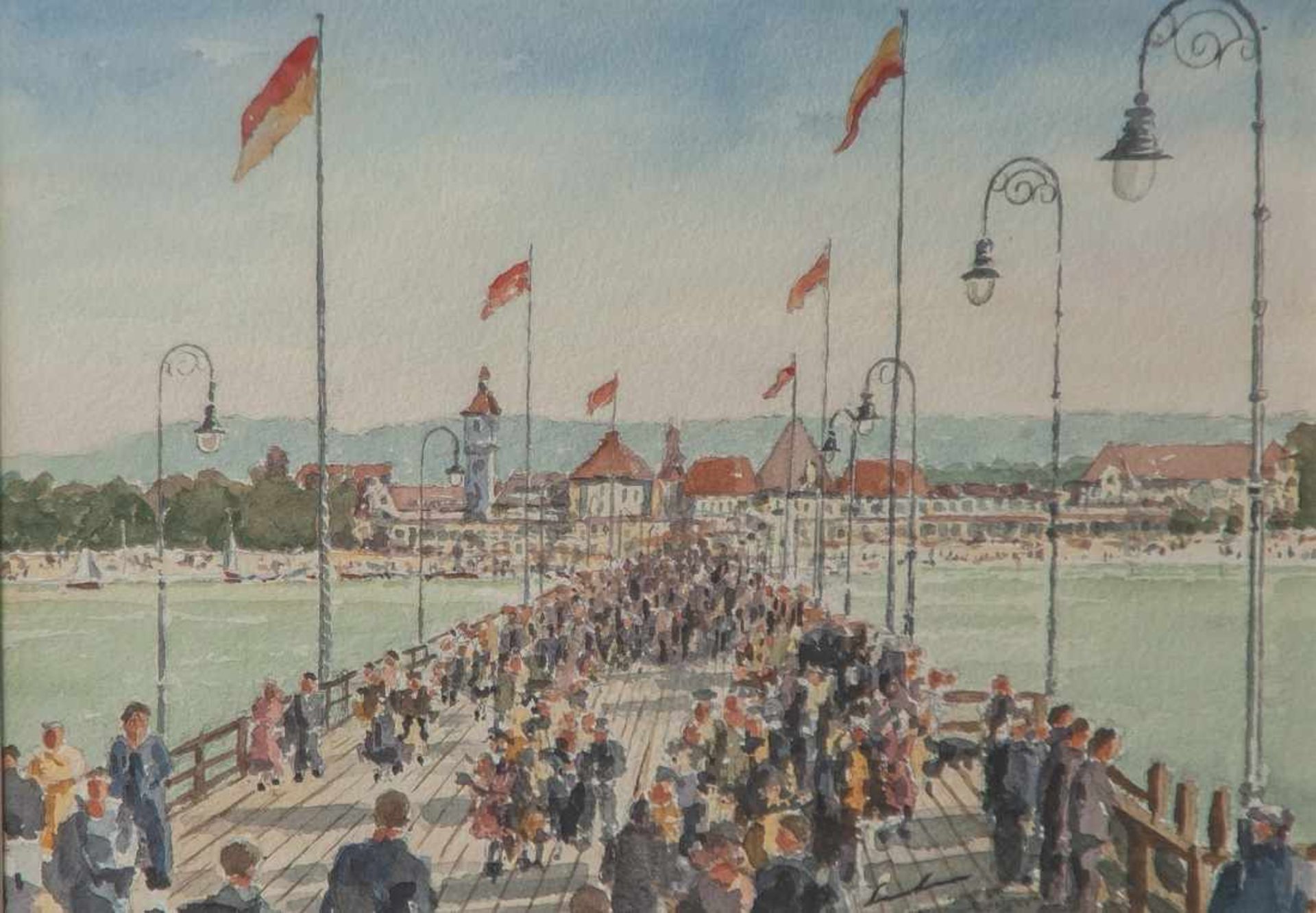 Simshäuser, Karl (1910-1991), Ostseebad mit belebter Seebrücke, Aquarell/Papier, re. u.sign., ca. 16