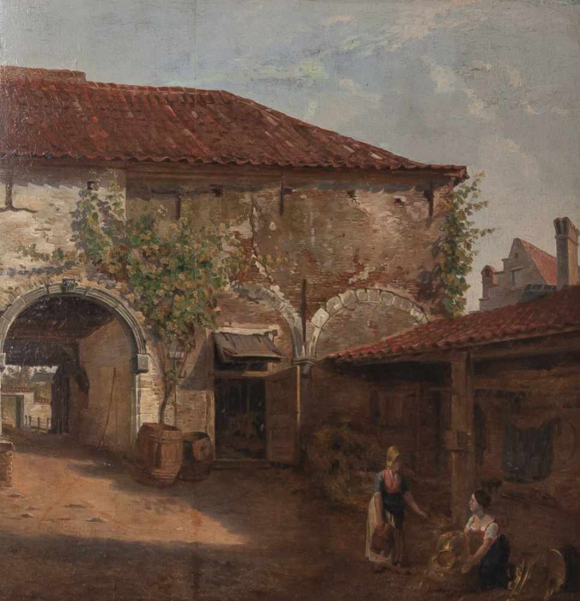 Questinaux, Jos. (1805-1881), Innenansicht eines Gutshofes in der Provence, Öl/Holzplatte,Gr. 42 x