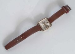 Herrenarmbanduhr, Gelbgold 585, Automatik, quadratisches Gehäuse, silberfarbenesZifferblatt mit