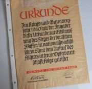 Große Urkunde, Im Kriegs- u. Gutenbergjahr 1940 hat der Inhaber dieser Urkunde zurErkämpfung des